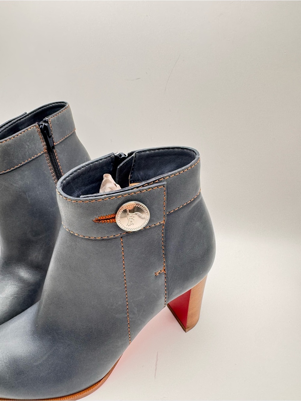 Christian Louboutin Janis Button Gray Leather Ankle Boots Red Sole size 37 calf - Picture 3 of 10